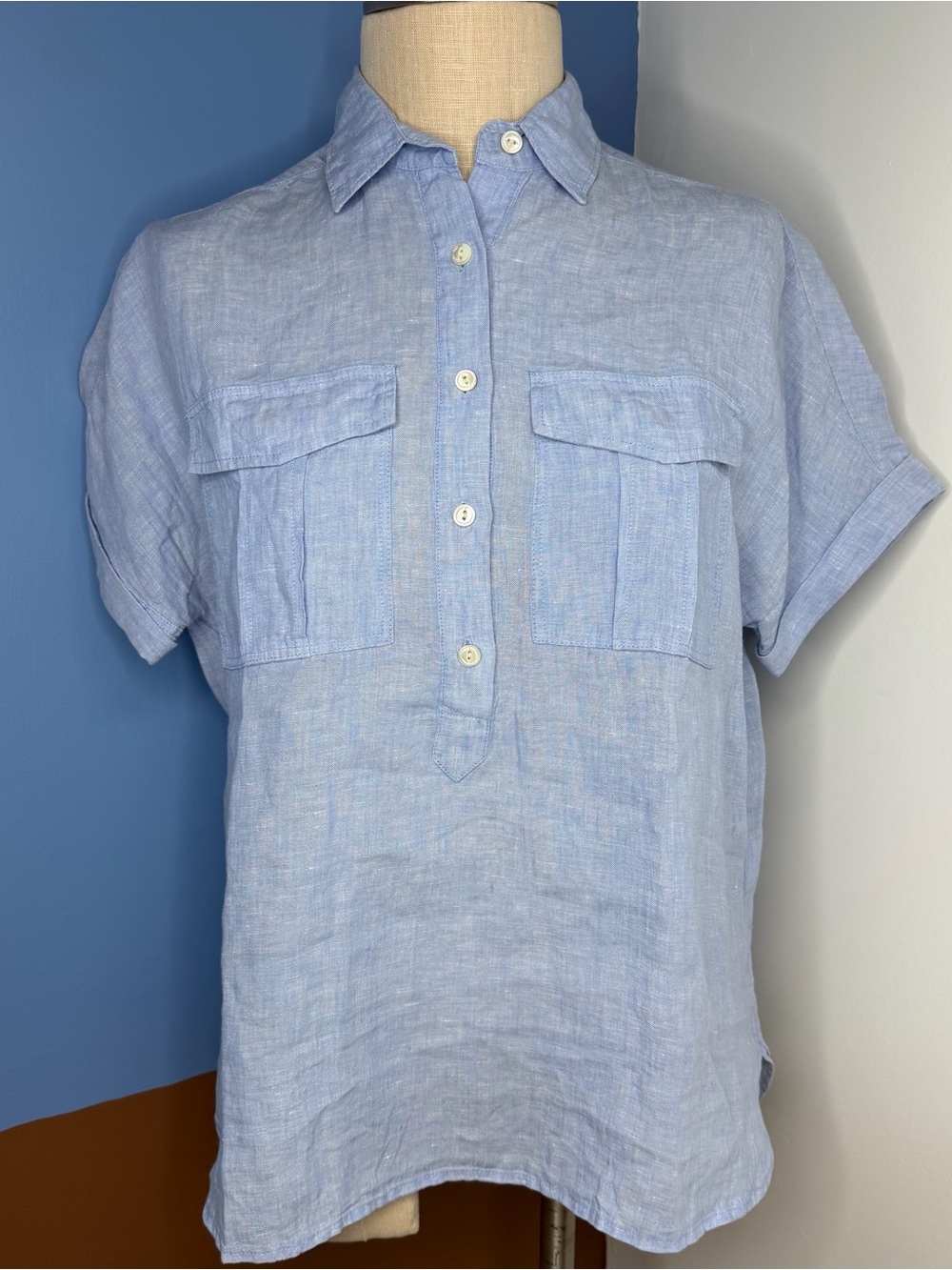 J.Crew Women's Baird McNutt Pure Irish Linen Popover Shirt French Blue Size 2